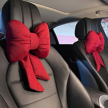 Car Seat Neck Pillow Elegant Bow Car Headrest Pillow Set - Cotton Linen Neck Cushion Universal Fit for Women Comes with 2 Seat Belt Covers (Red Set 4Pcs) - color: Red Set 4pcs