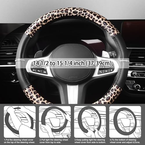 AUTOYOUTH Leopard Steering Wheel Cover - Bling Crystal Rhinestones Cheetah Print on Leather Non-Slip Breathable Design for Women/Girls Universal Fit 14.5-15 Inch(Black & Yellow) - color: BLACK AND WHITE