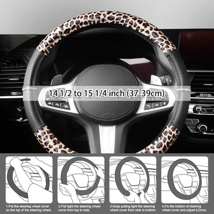 AUTOYOUTH Leopard Steering Wheel Cover - Bling Crystal Rhinestones Cheetah Print on Leather Non-Slip Breathable Design for Women/Girls Universal Fit 14.5-15 Inch(Black & Yellow) - color: BLACK AND WHITE