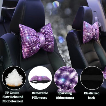 Car Pillow Headrest Auto Seat Headrest Cushion with Bow Tie Sparkly Bling Bling Rhinestone Accessories for Women Girls and Ladies Travel Comfort Head and Neck Rest Pink 2Pcs - color: Pink