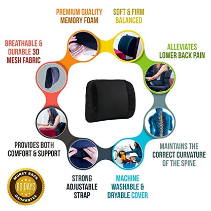 MEKBOK Memory Foam Lumbar Support Pillow Back Cushion Designed for Lower Back Pain Relief by - Provides Maximum Back Support for Car, Home/Computer/Office Chair, Recliner - Adjustable Strap