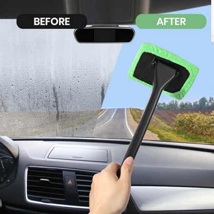Windshield Cleaner Tool Car Window Cleaner with 6 Reusable and Washable Microfiber Pads and Extendable Handle Auto Inside Glass Wiper Kit (Green)