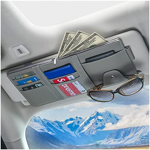 XINLIYA Car Sun Visor Organizer, Leather Storage Pocket Sun Visor Pouch with Zipper for Cards License Registration Pen Glasses Document, Fits Most Car SUV, Auto Interior Accessories (Gray) - color: Gray