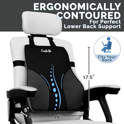 ComfiLife Lumbar Support Pillow for Office Chair – Premium Memory Foam Lumbar Pillow – Back Support for Office Chair, Car – Back Pain Relief, Improves Posture – 3 Adjustable Straps, Mesh + Leatherette