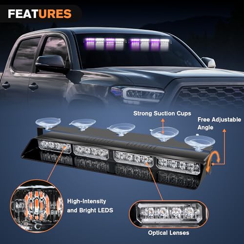Nilight 32LED Purple White Emergency Dash Strobe Lights with Controller Suction Cups Warning Hazard Interior Front/Rear Windshield Deck Split Light Bar for Truck Construction Vehicle - color: Purple and White