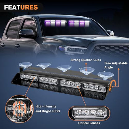Nilight 32LED Purple White Emergency Dash Strobe Lights with Controller Suction Cups Warning Hazard Interior Front/Rear Windshield Deck Split Light Bar for Truck Construction Vehicle - color: Purple and White