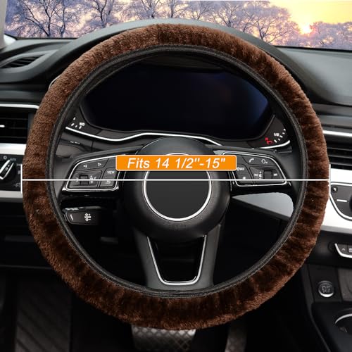 KAFEEK Elastic Long Microfiber Plush Steering Wheel Cover for Winter Warm, Universal 15 inch, Anti-Slip, Odorless, Brown - color: Brown