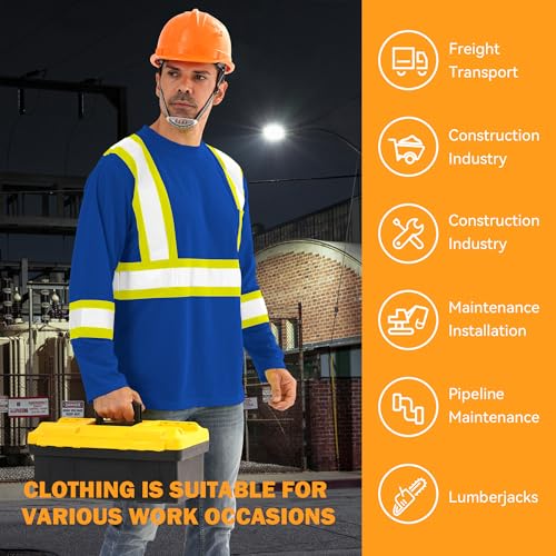 High Visibility Class 3 Shirts，Hi Vis Safety Long Sleeve Quick Dry Mesh Construction Work - color: Blue, size: Medium