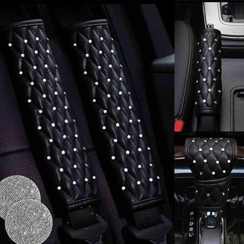 4PCS Black Leather Bling Car Seatbelt Strap Covers for Women Girls - Crystal Rhinestone Velvet Shoulder Pad Protector - Diamond Shine Safety Shoulder Pad, Car Decor Interior Accessories - color: B-Crystal 4.2
