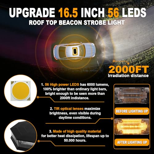 ASPL 16.5 Inch Roof Top Beacon Emergency Strobe Light with Controller 56 LED Magnetic Warning Caution lights bar Traffic Hazard Plow Light for Trucks Vehicles Construction Snowplow (Amber/White) - color: Amber/White
