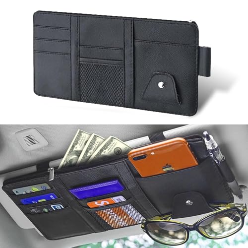 Pack-1 Car Sun Visor Organizer, 11.4In x 5.9In Multi-Functional Pocket Business Card Holder, Universal Car Interior Receiving, for Most Cars, Trucks and Vans (Black)