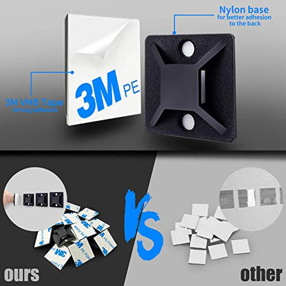 HUASAI 4/5" 100 Pack Zip Tie Mount With Cable Ties,Self Adhesive-backed Mounts for Wire Holder, Black Cable Management Clips Wall Anchors - color: Black
