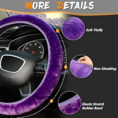 KAFEEK Purple Elastic Fuzzy Steering Wheel Cover, Microfiber Plush Steering Wheel Cover for Woman Girl,Winter Warm, Universal 15 inch - color: Purple