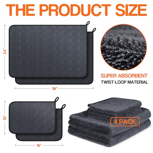 Bolant 4 Pack Twisted Loop Car Drying Towel, Microfiber Towels for Cars 24"x36", Ultra Absorbent, Lint Reducing, Paint Safe, Streak-Reducing Car Detailing, Auto Wash Towels