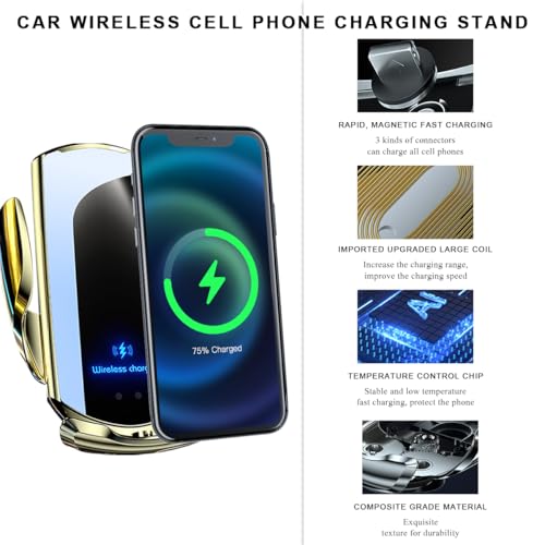 Wireless Car Charger, 15W Fast Charging Air Vent Mount Auto-Clamping Phone Holder, Automotive Electric Induction Charger 360° Rotating Magnetic Vent Mount Bracket for Smartphones (Golden) - color: Golden