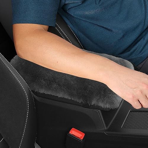Genuine Sheepskin Center Console Cover Pad Genuine Furry Fluffy Wool Fur Car Armrest Cover Protector Universal Fit for SUV/Truck/Car - color: Shearling-Dark Gray