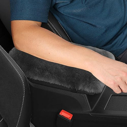 Genuine Sheepskin Center Console Cover Pad Genuine Furry Fluffy Wool Fur Car Armrest Cover Protector Universal Fit for SUV/Truck/Car - color: Shearling-Dark Gray