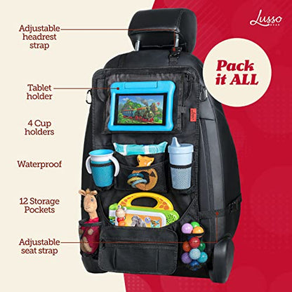 Lusso Gear Backseat Car Organizer- Kick Mat Protects Against Kids Feet - 12 Large Storage Pockets - iPad,Tablet, Water Bottle Holder- Durable, Heavy Duty Road Trip Essential (Black) - color: 1-Pack Black