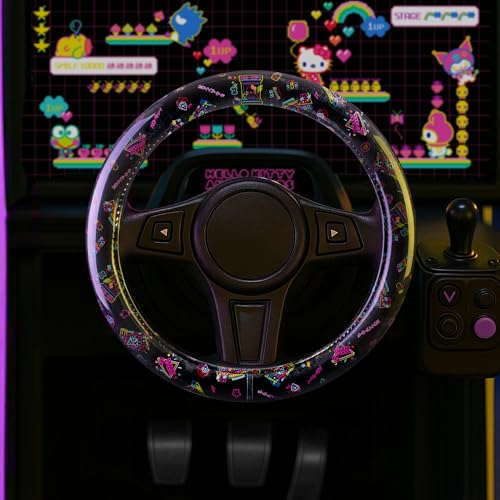 Hello Kitty Steering Wheel Cover, Official Sanrio Car Steering Wheel Cover with Universal Size 14.5-15, Cute Black Hello Kitty Car Accessories for Women (Hello Kitty Kawaii Arcade) - style: Hello Kitty Kawaii Arcade