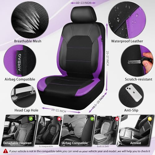 CAR PASS Leather Seat Covers, Breathable Universal Car Seat Cover Full Set for Cute Women Girly,Super 5mm Composite Sponge Inside,Airbag Compatible fits Most Auto,SUVs,Trucks,Vans(Black&Purple) - color: Black&Purple, size: Full Set