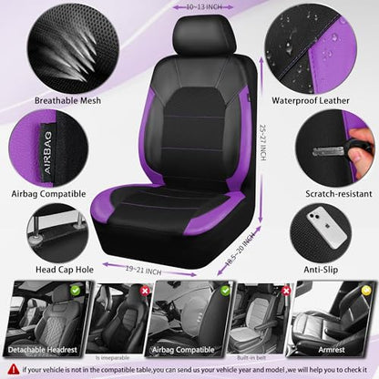 CAR PASS Leather Seat Covers, Breathable Universal Car Seat Cover Full Set for Cute Women Girly,Super 5mm Composite Sponge Inside,Airbag Compatible fits Most Auto,SUVs,Trucks,Vans(Black&Purple) - color: Black&Purple, size: Full Set