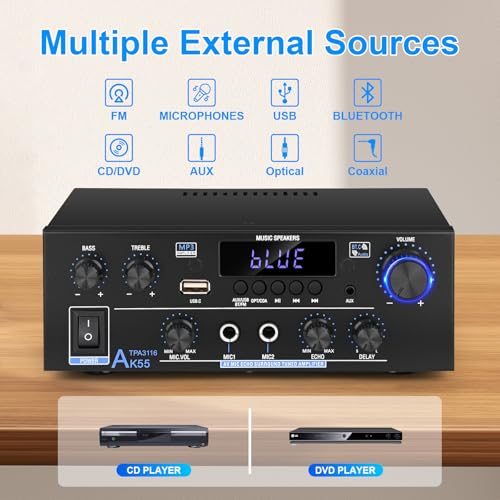 Romica AK55 Stereo Audio Amplifier, 2 Channel 500W Bluetooth 5.0 Home Audio Stereo Receivers with FM, Echo, AUX, USB, SD, MIC, Optical & Coaxial Inputs, AMP for Passive Speakers and Active subwoofer - style: 2.0 CH With Opt/Coax Input