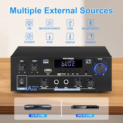 Romica AK55 Stereo Audio Amplifier, 2 Channel 500W Bluetooth 5.0 Home Audio Stereo Receivers with FM, Echo, AUX, USB, SD, MIC, Optical & Coaxial Inputs, AMP for Passive Speakers and Active subwoofer - style: 2.0 CH With Opt/Coax Input