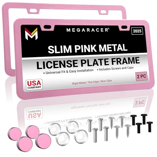 Premium Princess Pink License Plate Frames – 2 Pack, Rust-Free Stainless Steel, Street Legal, Rattle-Free, Universal Slim Design with Screw Caps, Durable Car Tag Holders for Women, Cute & Girly Gift - color: Pink, size: 2 Piece