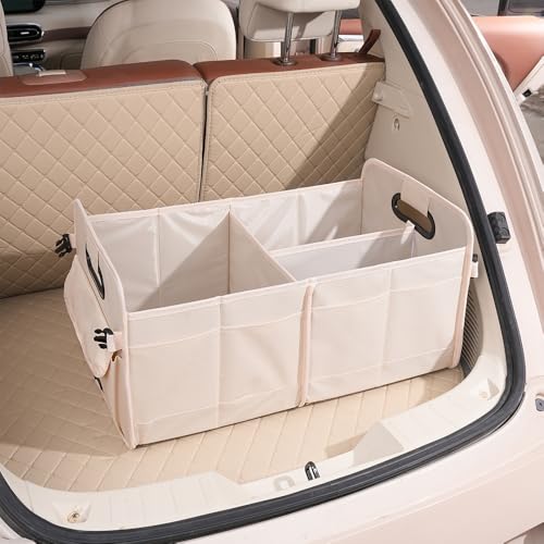Car trunk storage box Foldable sedan SUV Universal outing travel good goods Multi compartment partition with handle (beige) - color: beige
