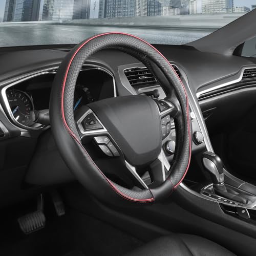 SEG Direct Steering Wheel Cover 14.5-15 inch (37-39 cm) Medium Size, Microfiber Leather, Non-Slip Comfortable Grip, Fits Cars Trucks SUVs, Black and Red - color: Black and Red, size: Standard size[14 1/2''-15'']
