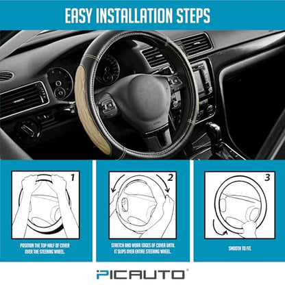PIC AUTO Steering Wheel Cover, Beige Thick Rhombic Foam and Premium Leather, Universal 14.5-15.5 Inch Breathable Anti-Slip Steering Wheels Accessories for Men & Women - color: Beige