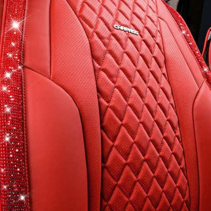 CAR PASS Nappa Leather Bling Diamond Car Seat Covers Full Set Universal Cushioned, Waterproof Heavy-Duty Anti-Slip Luxury Leather, Fit for SUV Sedan, Sparkly Glitter Shining Crystal Red Rhinestones - color: Red Diamond, size: Full Set