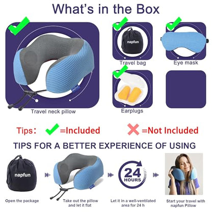 napfun Neck Pillow for Travel with Travel Pouch, Sleep Mask & Earplugs, Memory Foam Airplane Pillow for Headrest Sleep with Eyeshades, Plane Essentials with Eye Blindfold, Sky Blue Striped Kit - color: Sky Blue Striped Kit