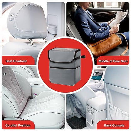 Simple Deluxe Car Trash Can with Lid and Storage Pockets, Multipurpose Garbage Bin with Adjustable Straps, Collapsible and Portable Organizer, 2 Gallon, Grey