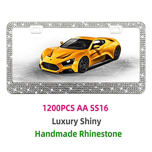 Bling Rhinestone License Plate Frame for Women 2PC，Diamond Sparkly License Plate Frames| Stainless Steel Frames & Over 1200 pcs Finest 14 Facets Black Glass Crystals Premium Diamond+GiftBox(White) - color: White-2PK