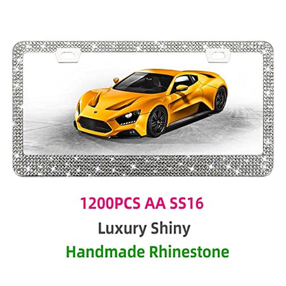 Bling Rhinestone License Plate Frame for Women 2PC，Diamond Sparkly License Plate Frames| Stainless Steel Frames & Over 1200 pcs Finest 14 Facets Black Glass Crystals Premium Diamond+GiftBox(White) - color: White-2PK