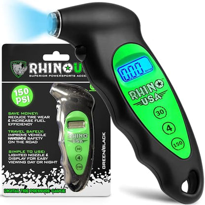 Rhino USA Digital Tire Pressure Gauge 150 PSI, 4 Ranges, Ergonomic Design w/Lighted Nozzle & LCD Backlit Display - Certified Accurate Readings, Best Digital Gage (Green) - color: Green