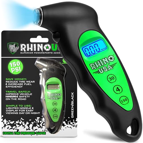 Rhino USA Digital Tire Pressure Gauge 150 PSI, 4 Ranges, Ergonomic Design w/Lighted Nozzle & LCD Backlit Display - Certified Accurate Readings, Best Digital Gage (Green) - color: Green