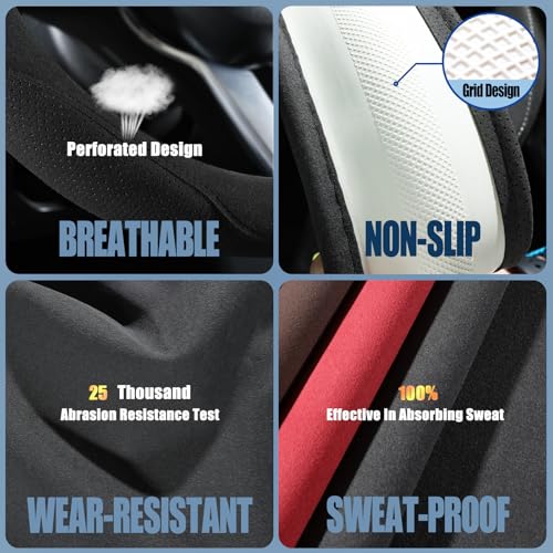 14 inch Black Suede Steering Wheel Cover, Breathable Non-Slip Sweat-Proof Wear-Resistant No Pilling, Warm in Winter and Cool in Summer - color: Black, size: Round-S[13.5''-14'']