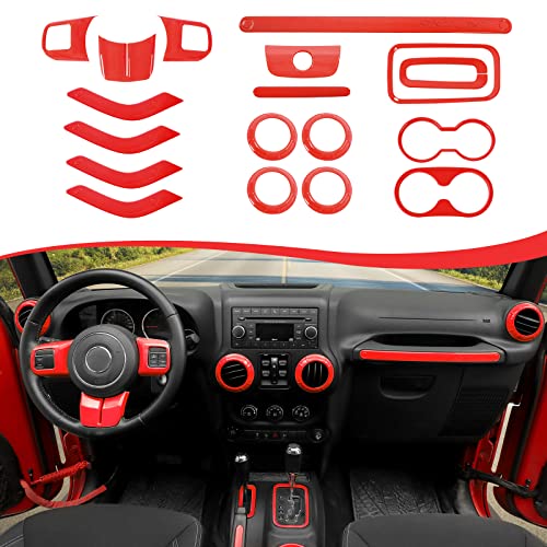 CheroCar 18PCS Interior Trim Kit for Jeep Wrangler JK JKU 2011-2018 4 Door,Steering Button Frame, Air Conditioning Vent Trim Cup Holder Cover,Gear Shift Knobs Frame,Red… - color: Red