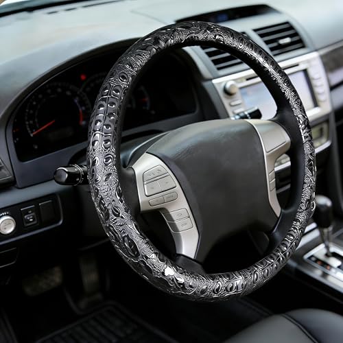 15 Inch Leather Steering Wheel Cover Crocodile Pattern - Four Seasons Universal Anti-Slip Durable Smooth Texture Hand-Made, Easy to Grip & Install Sport Handle for Men Auto Interior Accessory (Black) - color: Black