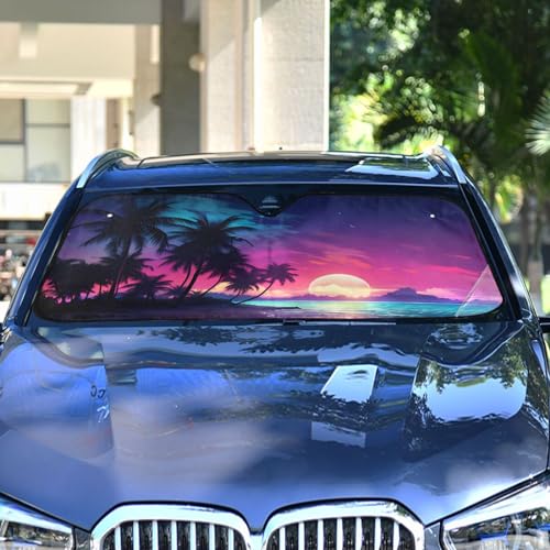 Windshield Sun Shade Palm Tree Beach Tropical Front Window Block UV Shades Visor Reflective Retractable for Car SUV Trucks - color: A015