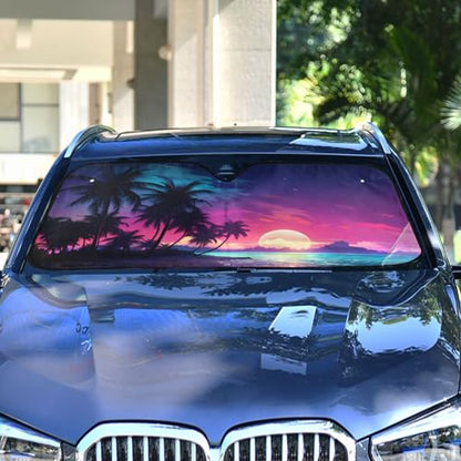 Windshield Sun Shade Palm Tree Beach Tropical Front Window Block UV Shades Visor Reflective Retractable for Car SUV Trucks - color: A015