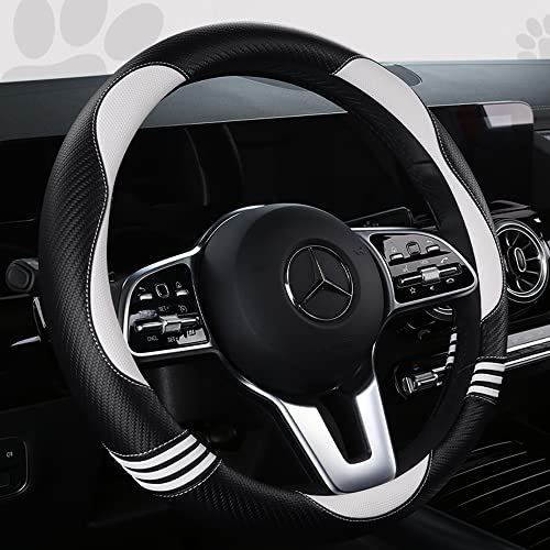 HighnessHwoo Car Steering Wheel Covers for Women Girl Padded Carbon Fiber PU Leather Cute Cartoon Auto Interior Accessories for Jeep, Truck, Universal, Anti Slip, White, Large Size, 15.2-16in - color: White+Black, size: Large Size[15.2-16"](38.6-40.5cm)