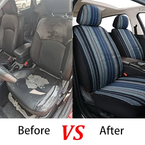 Baja Saddle Blanket Car Seat Covers, Boho Striped Woven Front Seat Protectors, Washable & Breathable Interior Covers, Universal Fit for Most Cars SUVs Trucks, Airbag Compatible, Blue, 2 pcs. - color: BLUE-0