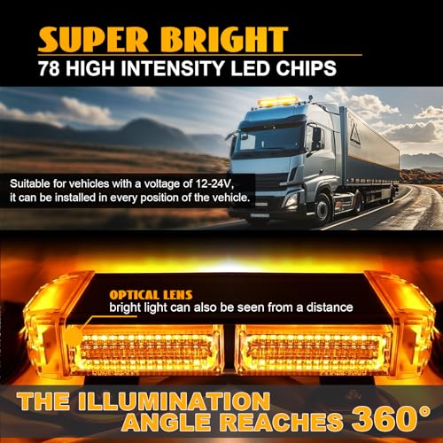 78 LED Rooftop Emergency Strobe Light Bar, Double Sided LED Flashing Safety Warning Traffic Advisor Beacon Strobe Light with Magnetic Base for Trucks Construction Vehicles Pickup Tow(Amber) - color: Amber