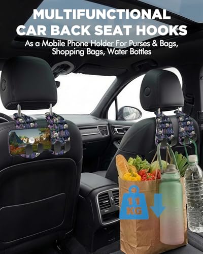 WOCOCN 2 Pack Car Purse Hook for Car Seat Headrest, Double-Sided PrintingPU Leather Purse Holder with Metal Hook, Cute Car Accessories for Women, Men (Car hook - Purple bookshelf skeleton A) - color: Car hook - Purple bookshelf skeleton A