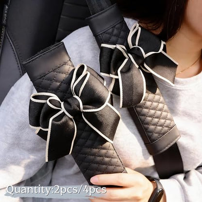 Cute Bow Leather Car Seat Belt Cover Pads,2 Pcs & 4 Pcs Seat Belt Cover for Shoulder, Seatbelt Cushion, Car Seat Strap Pads, Seatbelt Covers for Women (Black,2) - color: Black