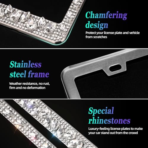 OKLPF Rhinestone Bling License Plate Frames for Women - Sparkle with Glitter Crystals & Diamond Bedazzled License Plate Cover, Fits Standard US Plates, Comes with Anti-Theft Screws & Gift Box(White) - color: White, size: 2pc