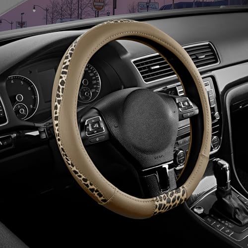 Road Comforts D-Type Steering Wheel Cover - Made with PVC Leather and Leopard Fabric - Universal Fit for 15-Inch D-Shaped Automotive Steering Wheels (Beige Color) - color: D-Beige